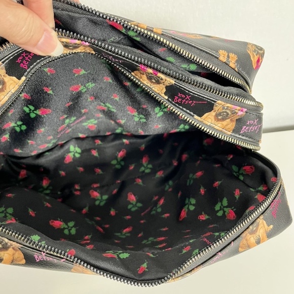 Betsey Johnson Dog Double Zip Cosmetic Make-up Bag Black Puppies - Picture 8 of 10